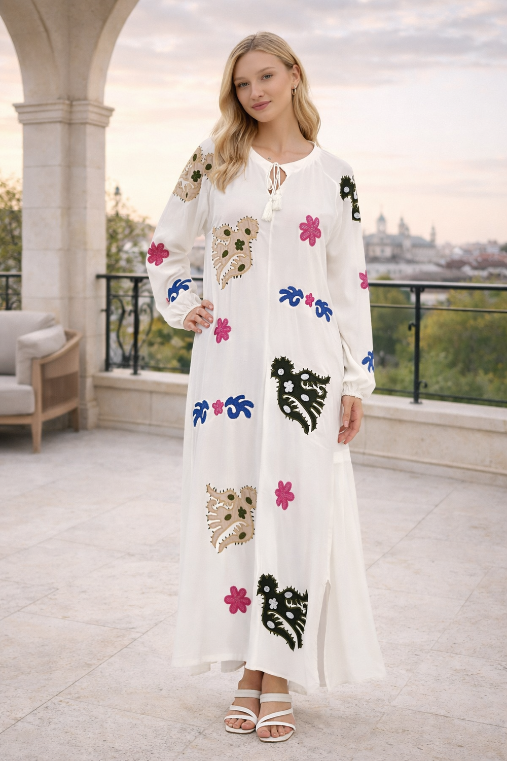 Embroidered Maxi Dress with Statement Motifs in White - jqwholesale.com