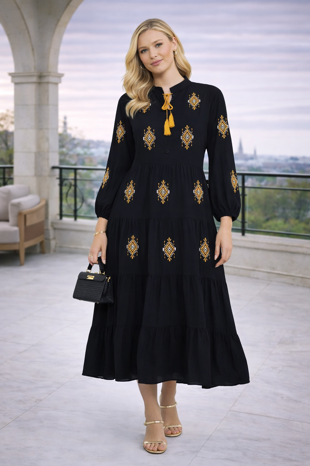 Embroidered Tiered Midi Dress with Tassel Tie in Black - jqwholesale.com