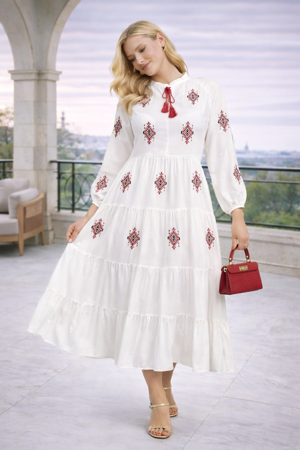 Embroidered Tiered Midi Dress with Tassel Tie in White - jqwholesale.com