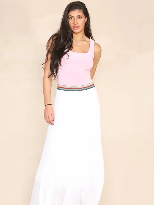 Pleated MAXI Skirt with Rainbow Elasticated Waistband - jqwholesale.com
