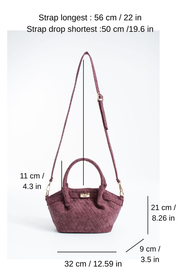 Woven Suede Top Handle Crossbody Bag with Twist Lock Detail - Burgundy