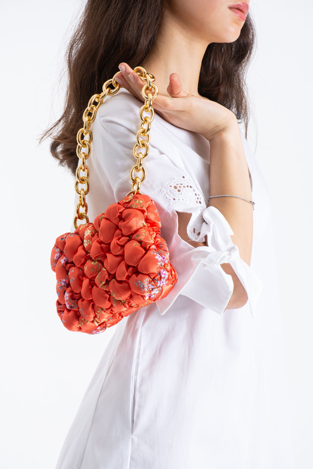 Floral Quilted Shoulder Grab  Bag with Gold Chain Strap - Multi