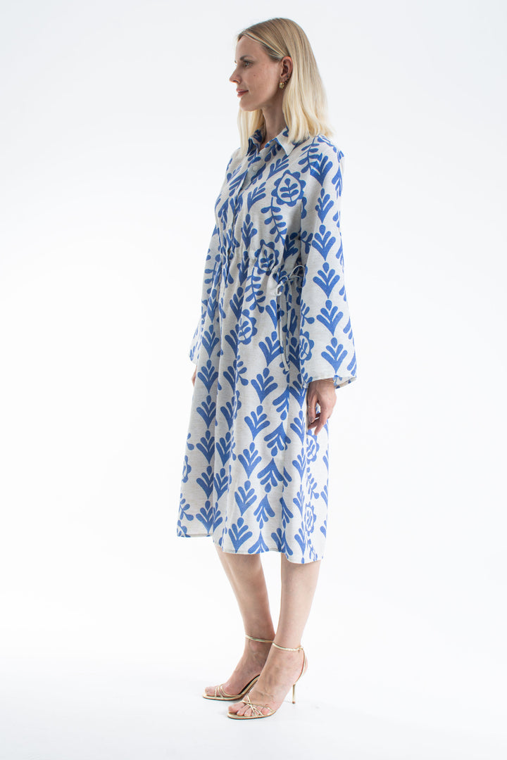 Women’s Linen Blend Leaf Print Midi Shirt Dress - Green