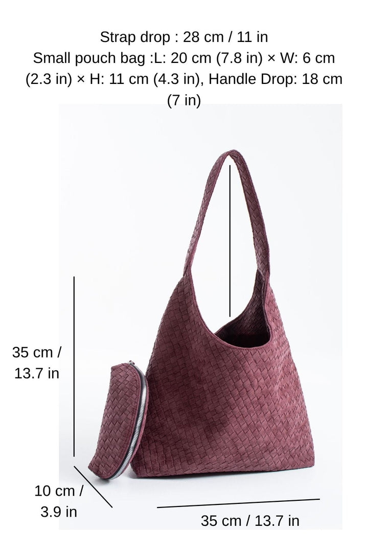 Woven Suede Slouchy Tote Bag with Matching Zipper Pouch 2PCS Set - Burgundy
