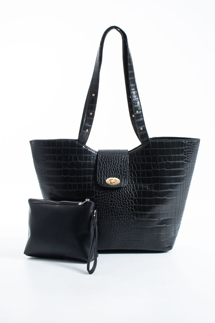 Texured Pu Leather Tote Bag with Matching Zipper Pouch 2PCS Set - Black