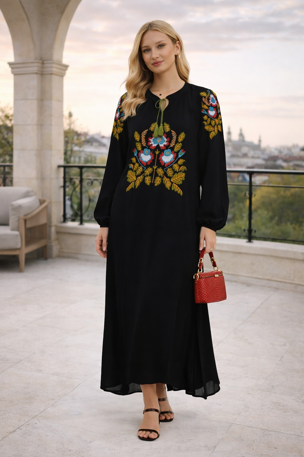 Embroidered Maxi Dress with Tassel Tie Neck in Black - jqwholesale.com