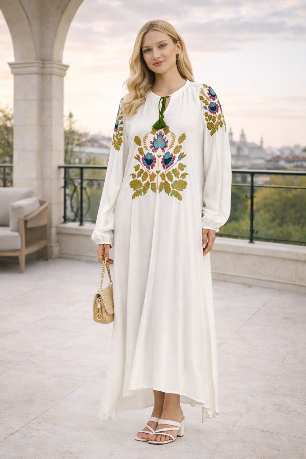 Embroidered Maxi Dress with Tassel Tie Neck in White - jqwholesale.com