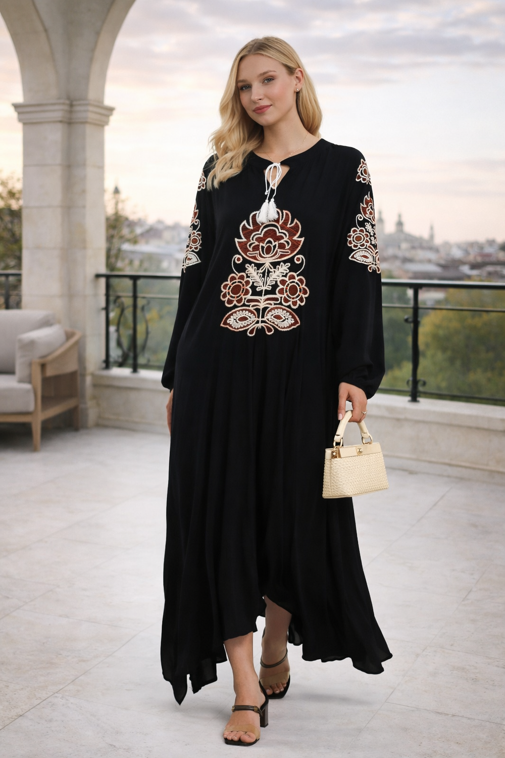 Embroidered Maxi Dress with Tie Neck Detail in Black - jqwholesale.com