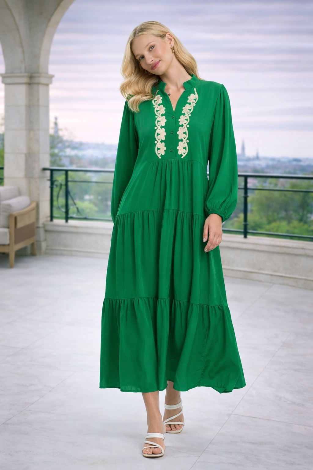 Embroidered Front Tiered Midi Dress in Green
