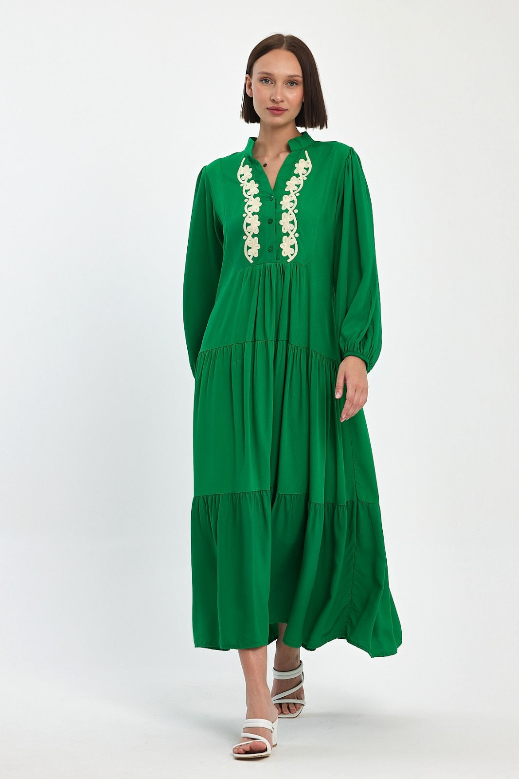 Embroidered Front Tiered Midi Dress in Green