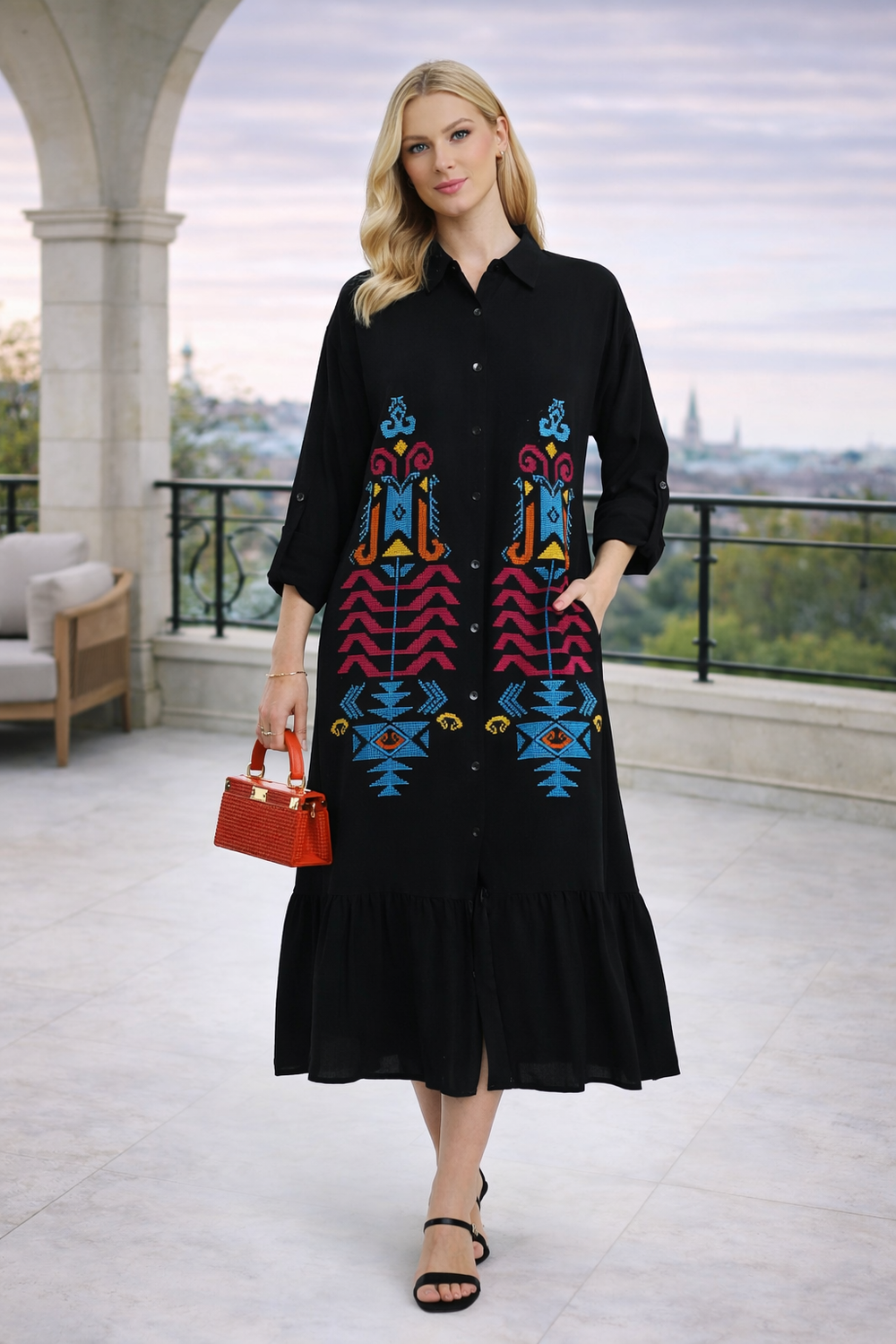 Embroidered Tiered Midi Dress with Button-Through Front in Black - jqwholesale.com