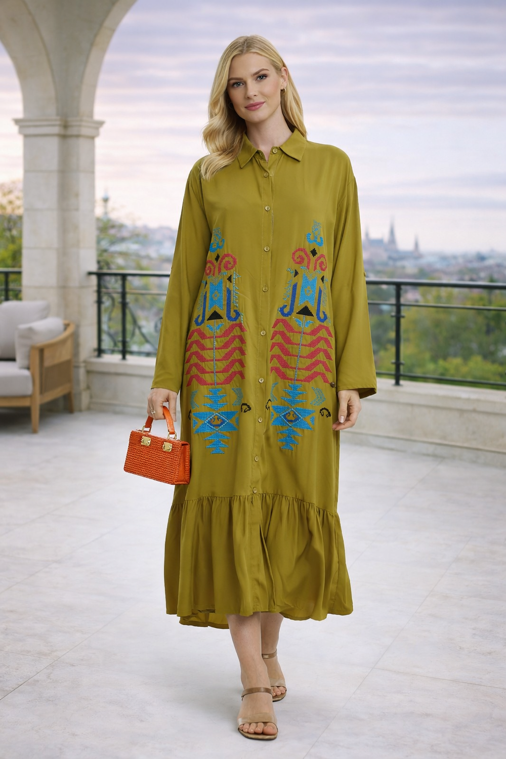 Embroidered Tiered Midi Dress with Button-Through Front in Mustard - jqwholesale.com