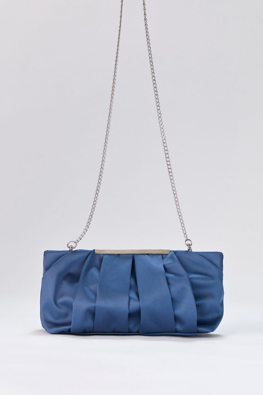 Pleated Satin Clutch Bag with Detachable Strap - Blue