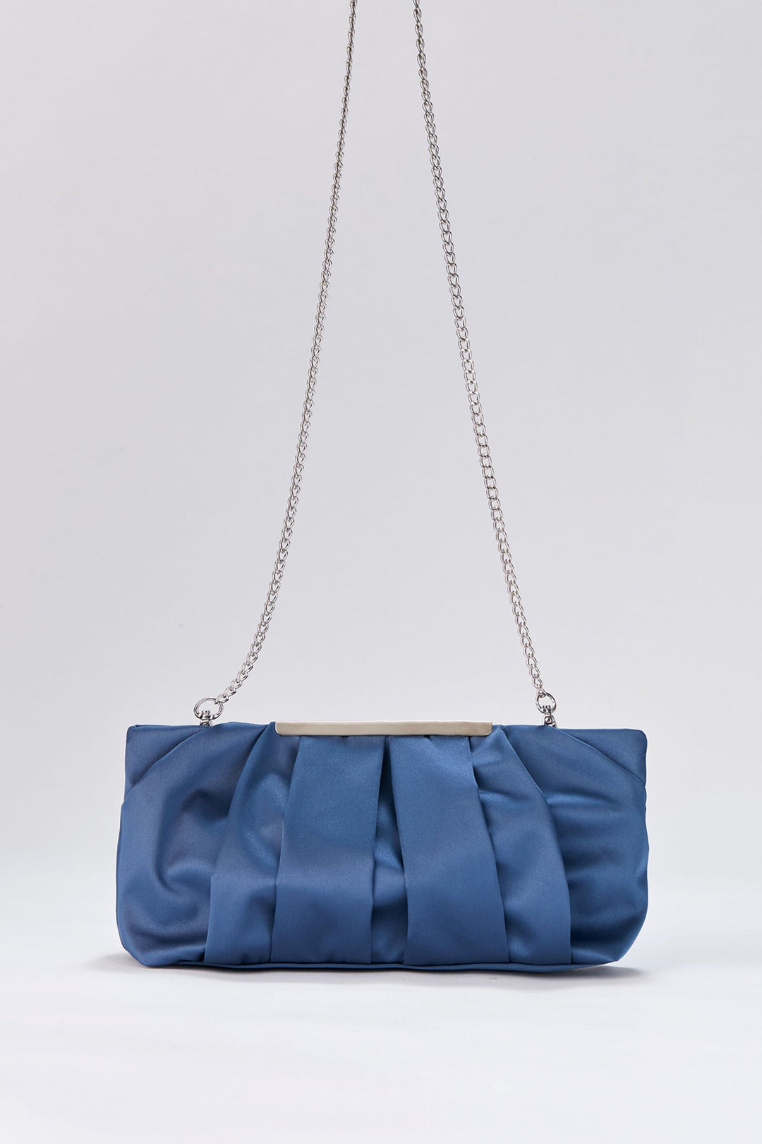 Pleated Satin Clutch Bag with Detachable Strap - Blue