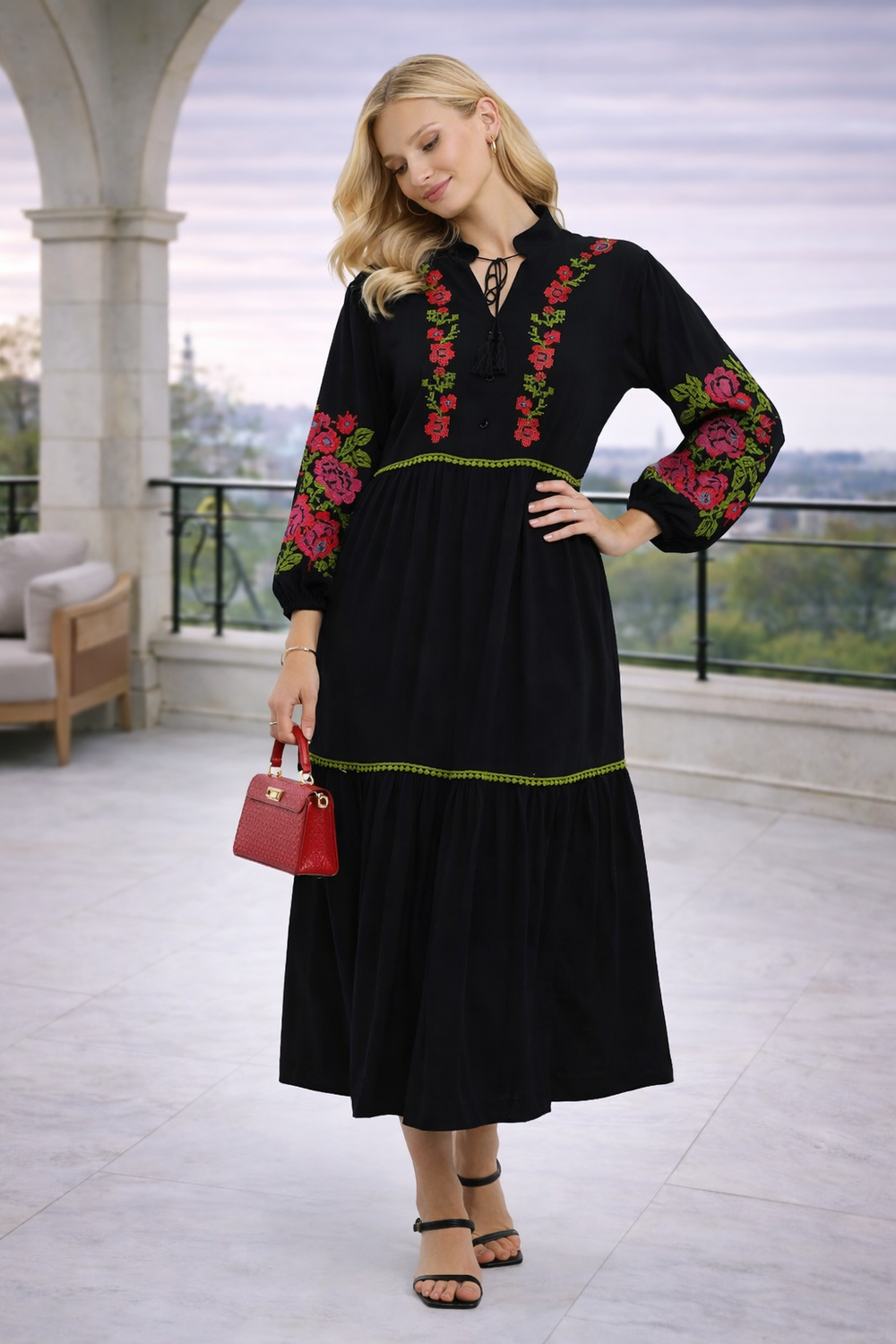 Embroidered Midi Dress with Contrast Floral Detail in Black - jqwholesale.com