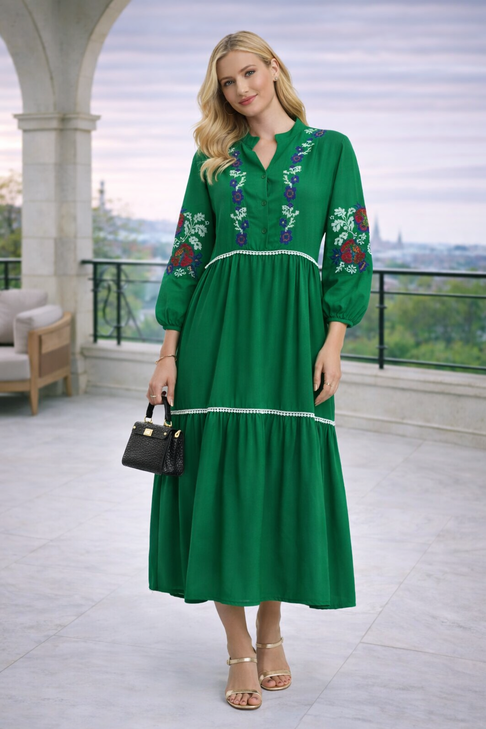 Embroidered Midi Dress with Contrast Floral Detail in Green - jqwholesale.com