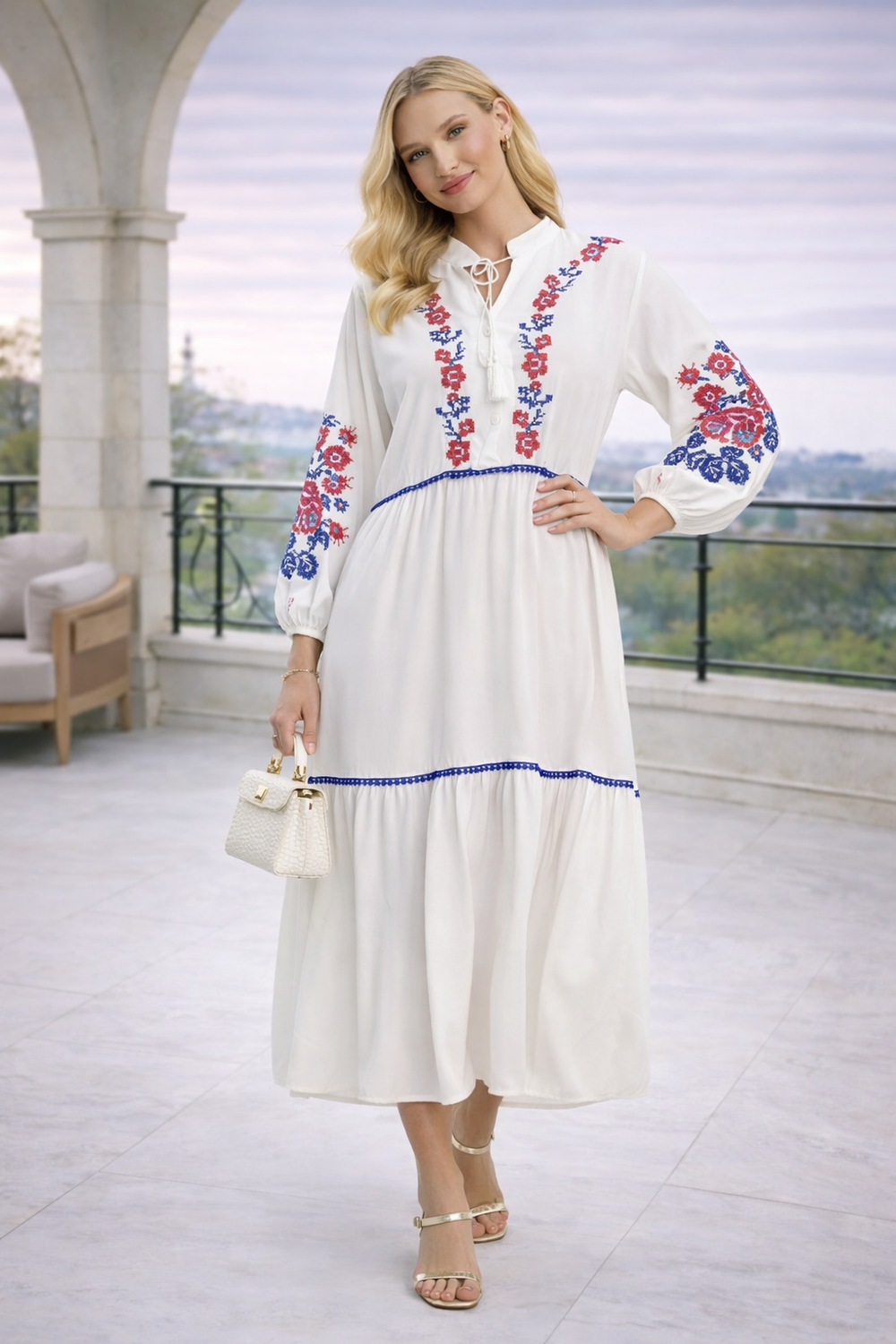 Embroidered Midi Dress with Contrast Floral Detail in White - jqwholesale.com
