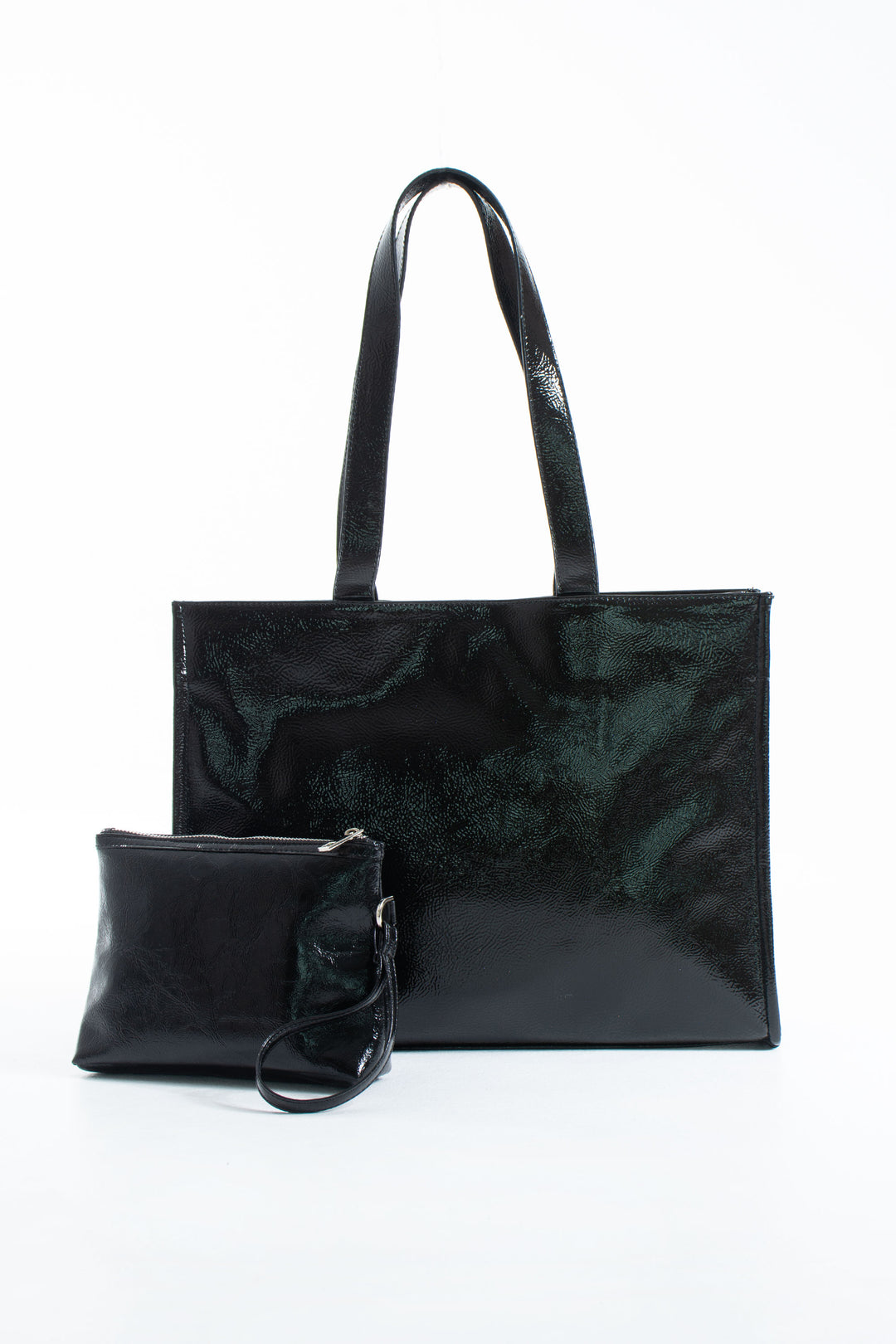 Crinkle Patent Tote Shoulder Bag - Black