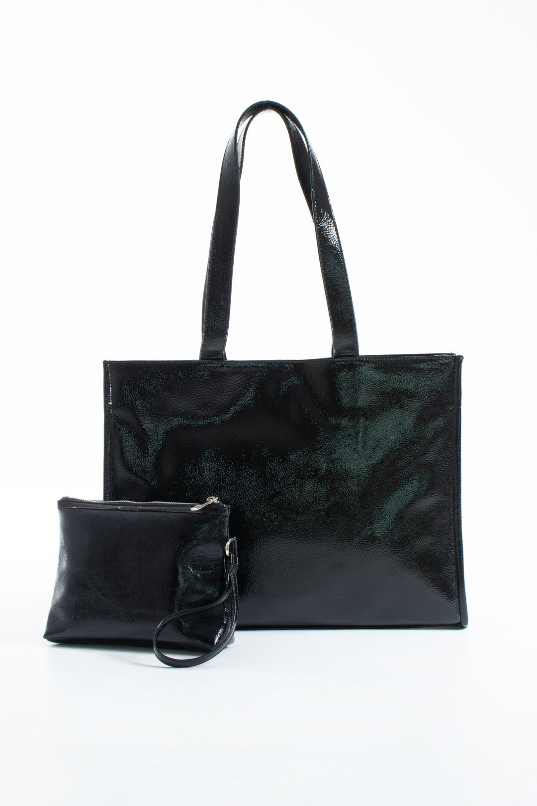 Crinkle Patent Tote Shoulder Bag - Black