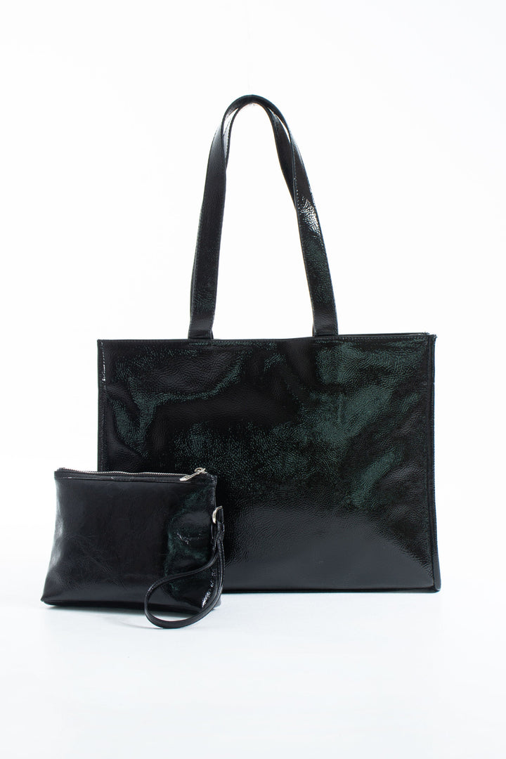 Crinkle Patent Tote Shoulder Bag - Black