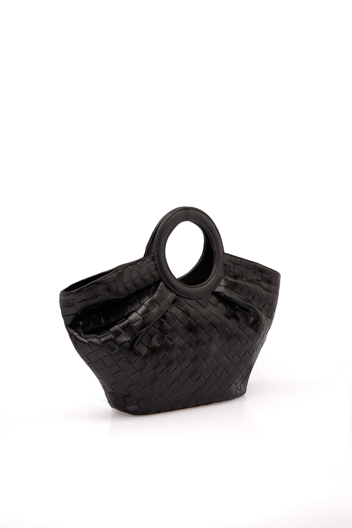Textured Pu Leather Top Handle Tote Bag - Black