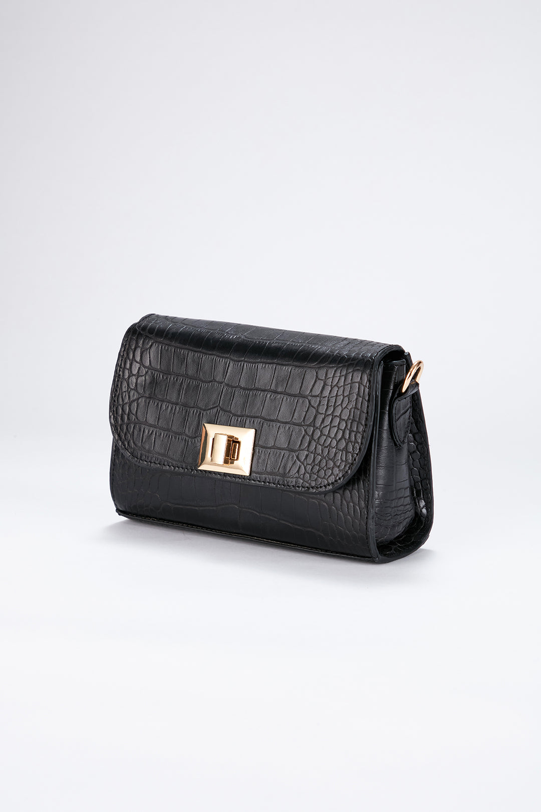 Croc Pu Leather Detachable Strap Crossbody Bag - Black