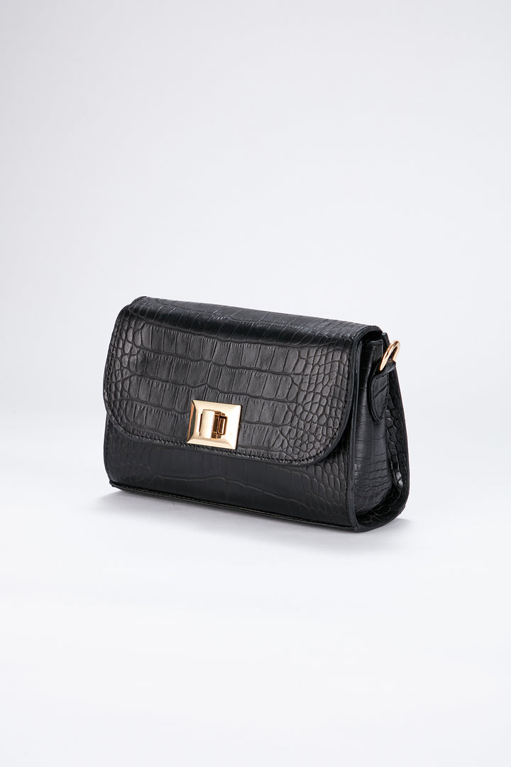 Croc Pu Leather Detachable Strap Crossbody Bag - Black