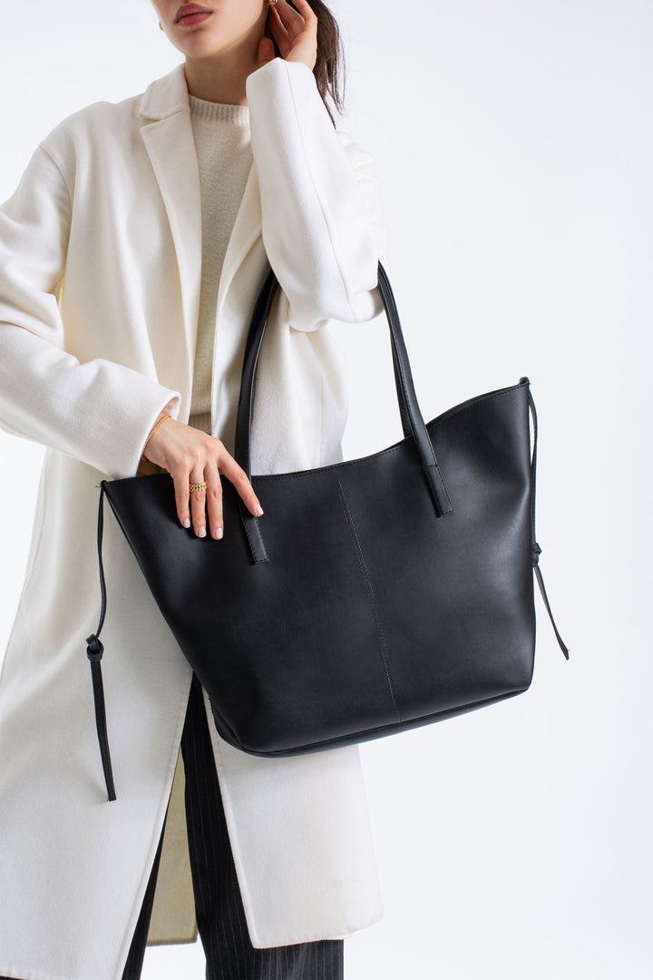 Pu Leather Large Tote Bag with Matching Zipper Pouch  2PCS Set - Black