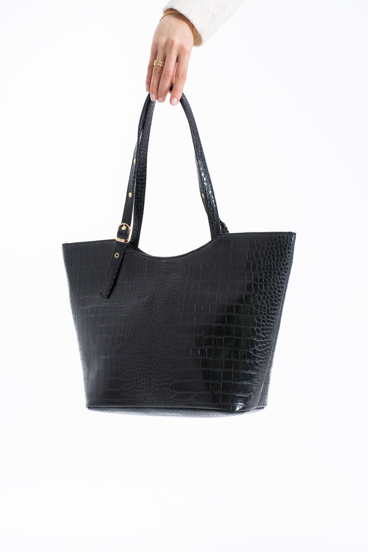 Textured  Pu Leather Tote Bag with Matching Zipper Pouch 2PCS Set - Black