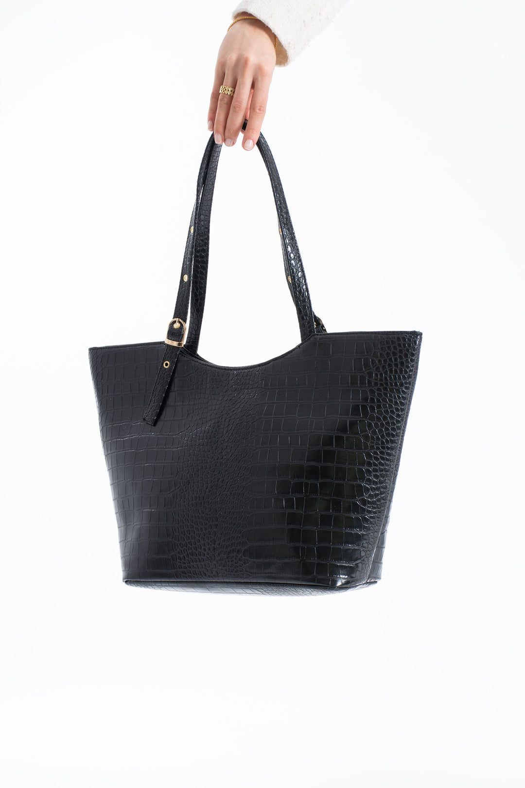 Textured  Pu Leather Tote Bag with Matching Zipper Pouch 2PCS Set - Black