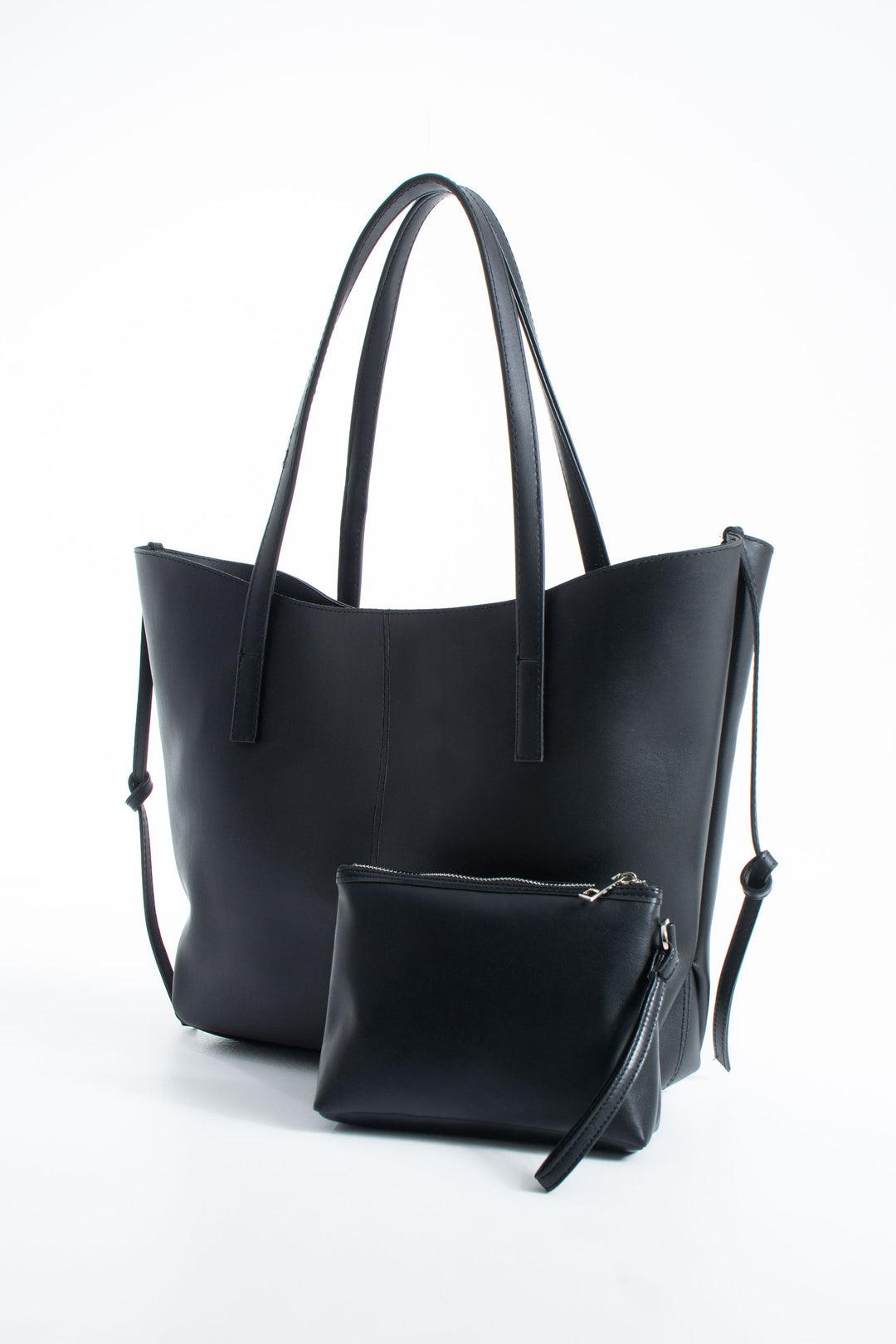 Pu Leather Large Tote Bag with Matching Zipper Pouch  2PCS Set - Black