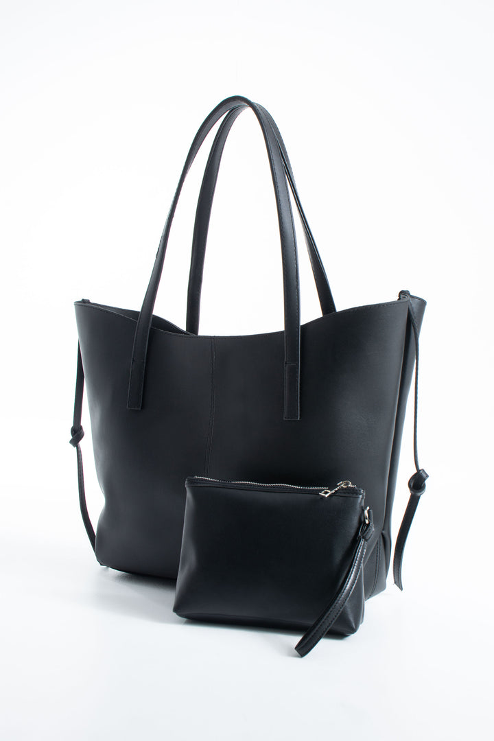 Pu Leather Large Tote Bag with Matching Zipper Pouch  2PCS Set - Black