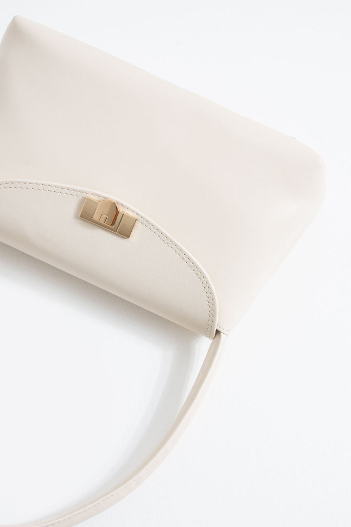 Pu Leather Flap Shoulder Bag - Cream