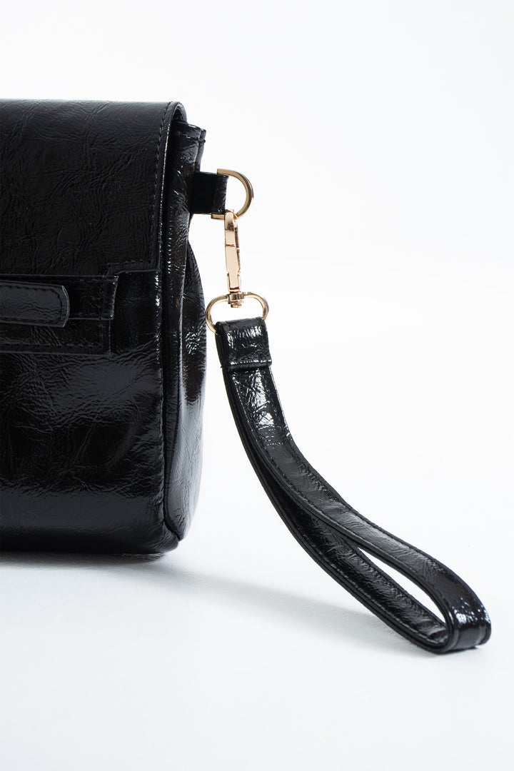 Crinkle Patent Flap Closure Wristlet & Clutc&Crossbody  3-in-1 Handbag - Black