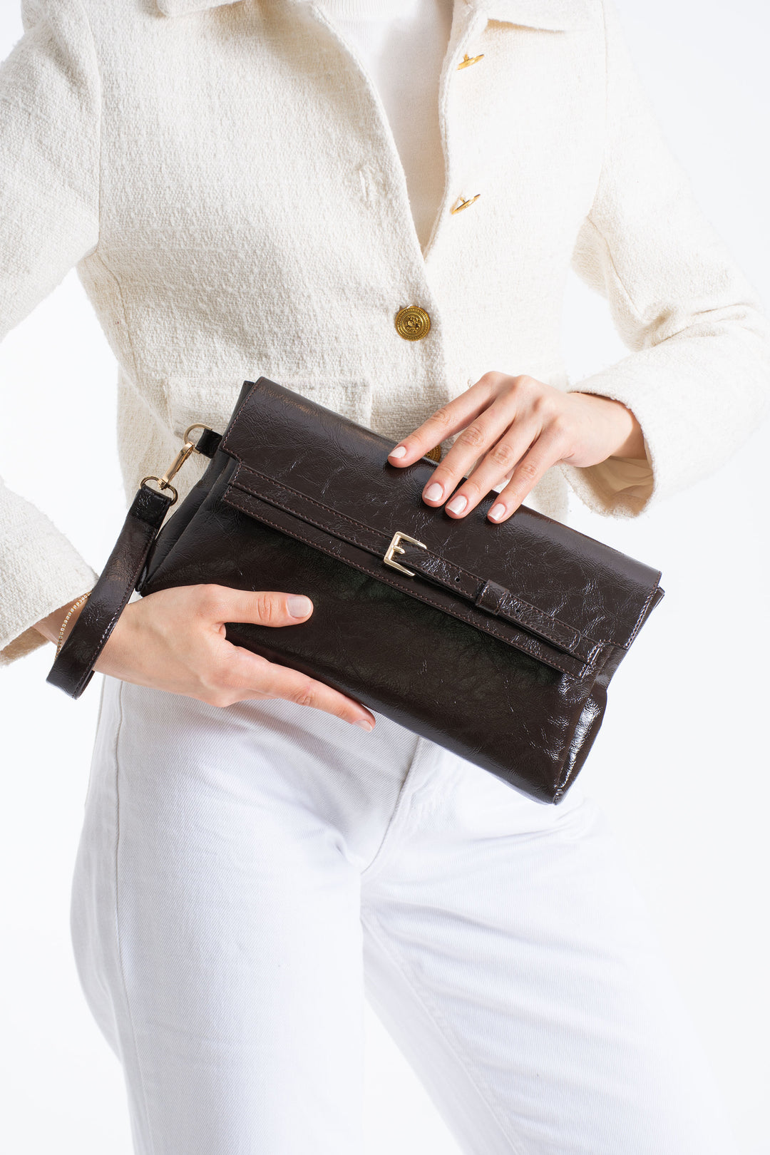 Crinkle Patent Flap Closure Wristlet & Clutc&Crossbody  3-in-1 Handbag - Brown