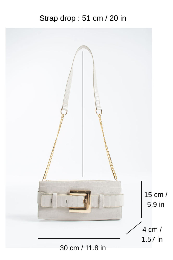Croc PU Leather Shoulder & Clutch Bag with Large Gold Buckle - Cream