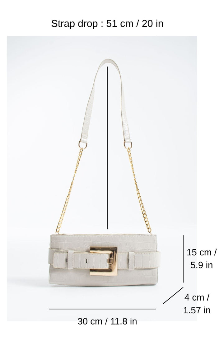 Croc PU Leather Shoulder & Clutch Bag with Large Gold Buckle - Cream