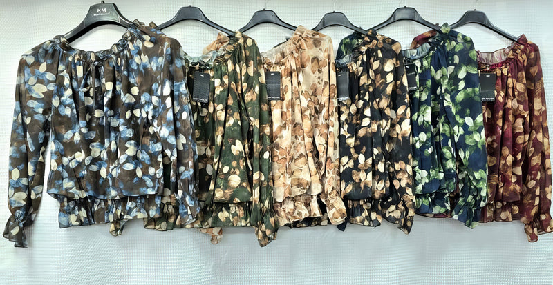 Abstract Floral Ruffle Bardot Blouse - jqwholesale.com