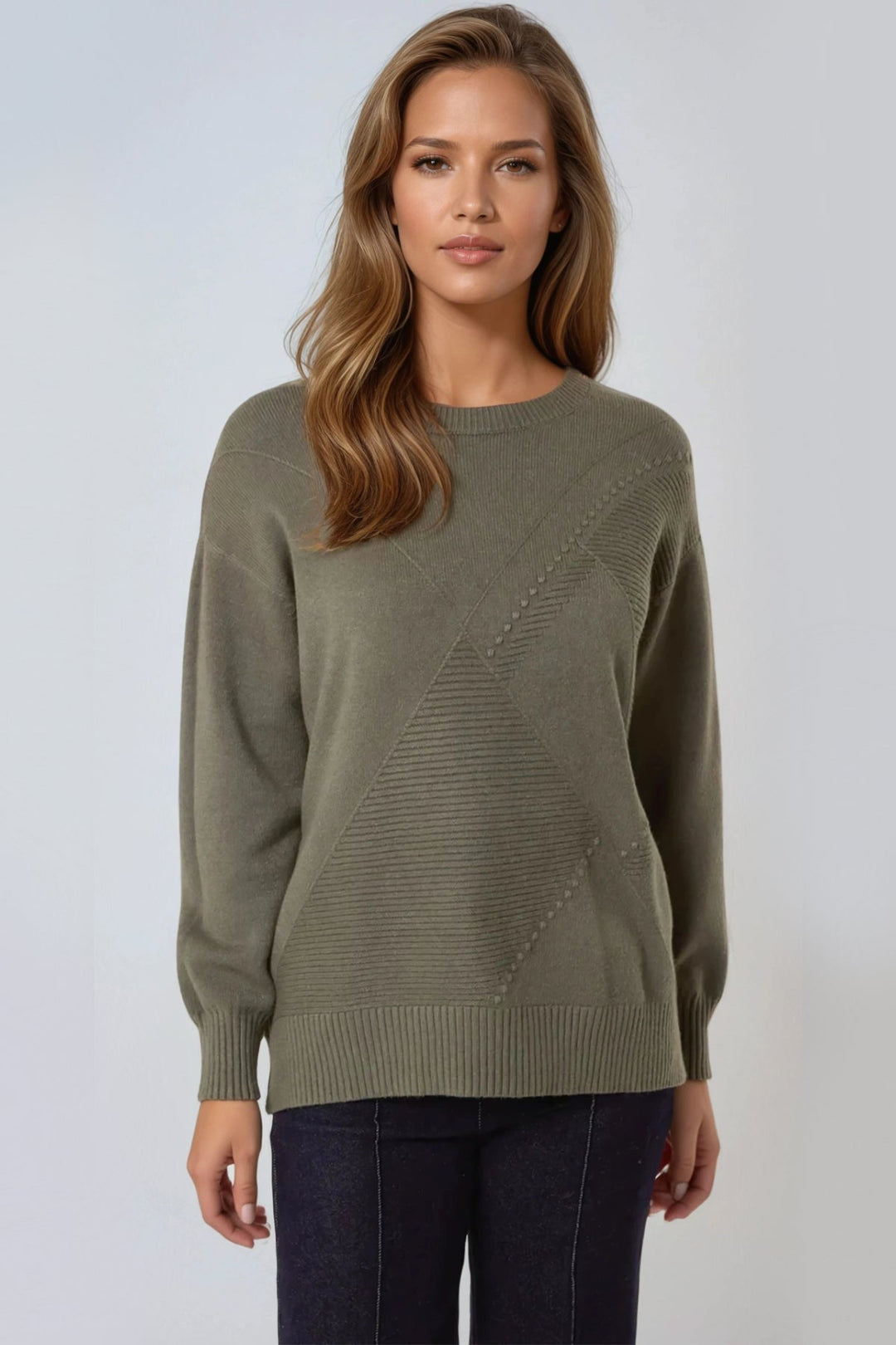 Khaki Geometric Knitted Jumper - jqwholesale.com