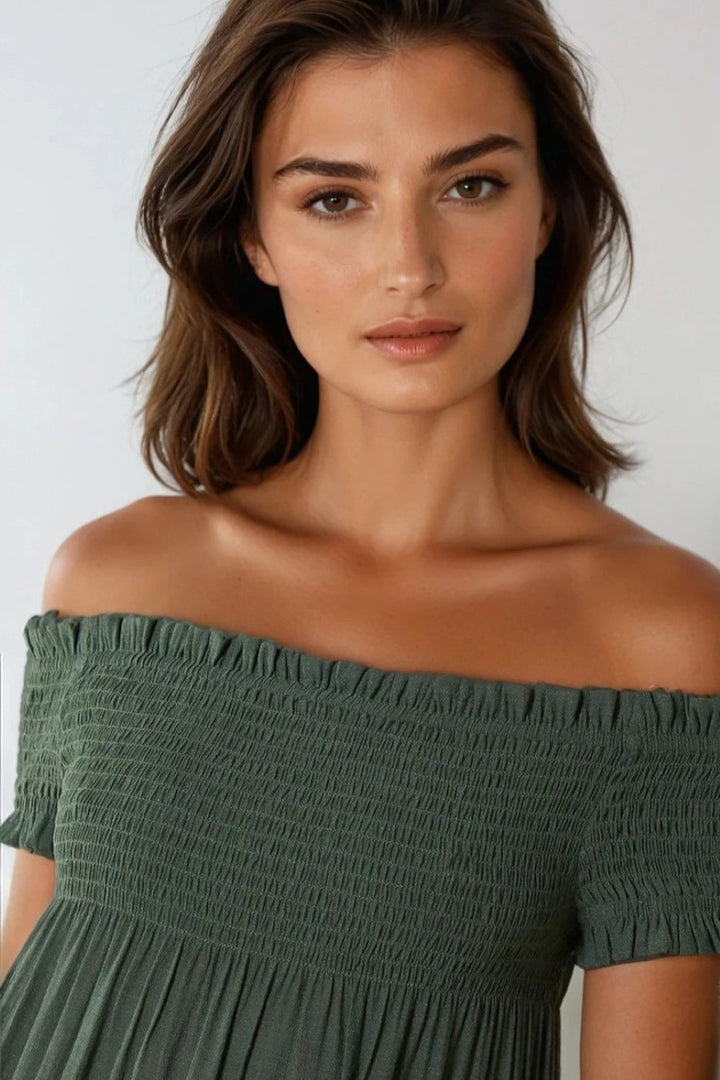 Khaki Bardot Shirred Mini Dress - jqwholesale.com