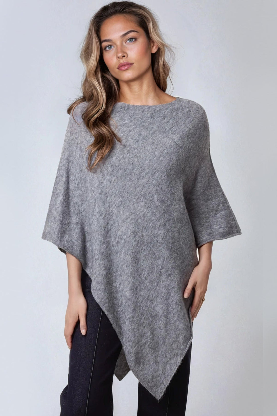 Grey Asymmetric Hem Poncho - jqwholesale.com