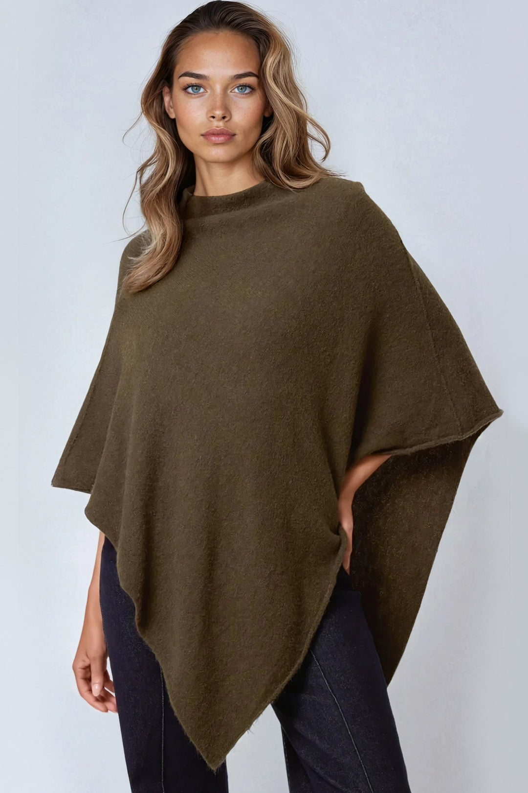 Khaki Asymmetric Hem Poncho - jqwholesale.com