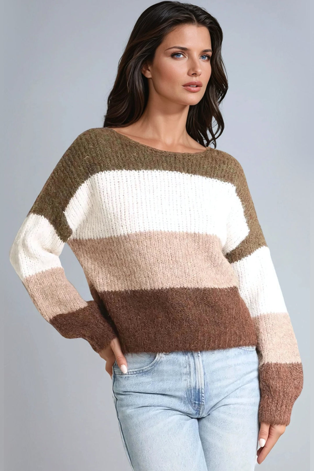 Khaki Wool Blend Colour Block Knitted Jumper - jqwholesale.com