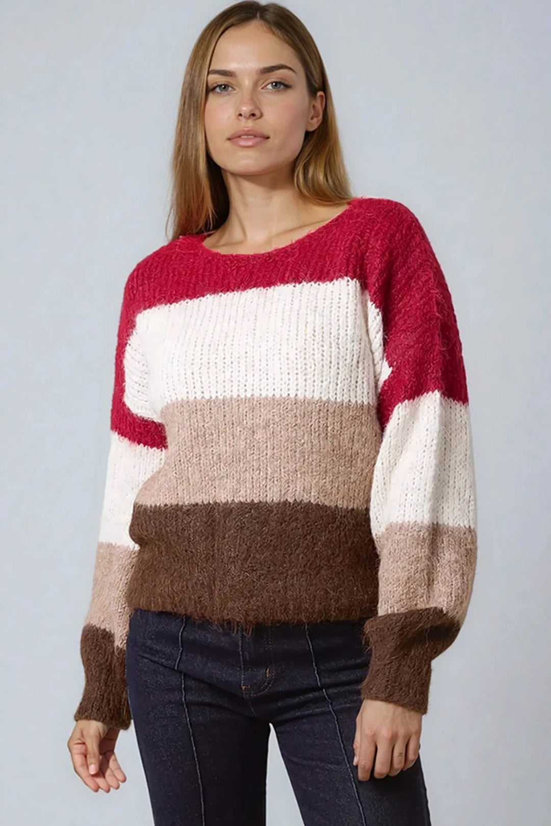 Wine Wool Blend Colour Block Knitted Jumper - jqwholesale.com
