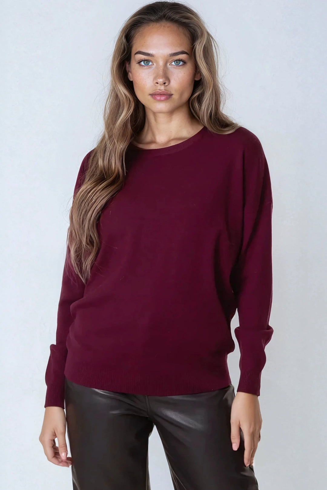 Burgundy Crew Neck Fine Knit Jumper - jqwholesale.com