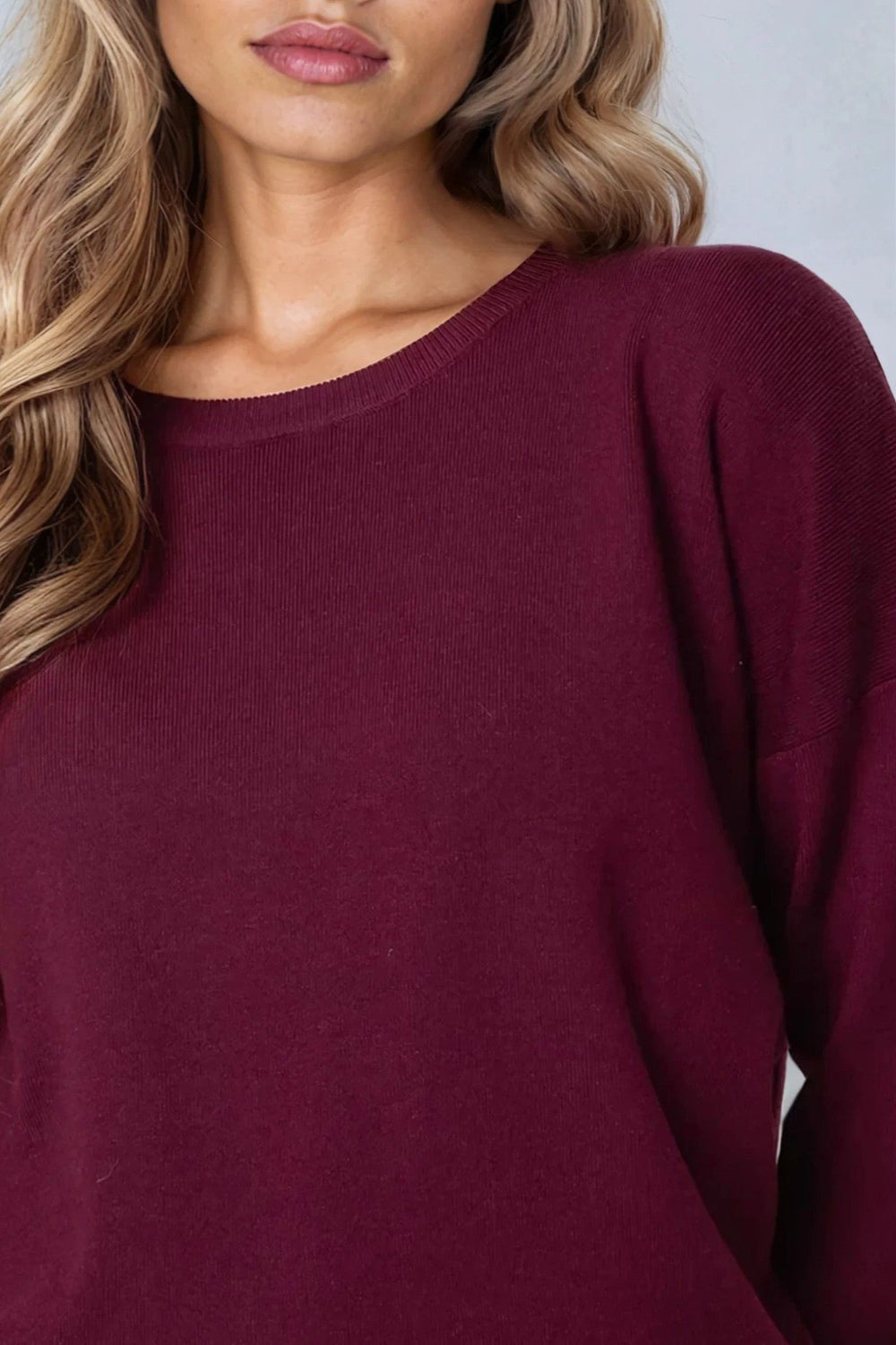 Burgundy Crew Neck Fine Knit Jumper - jqwholesale.com