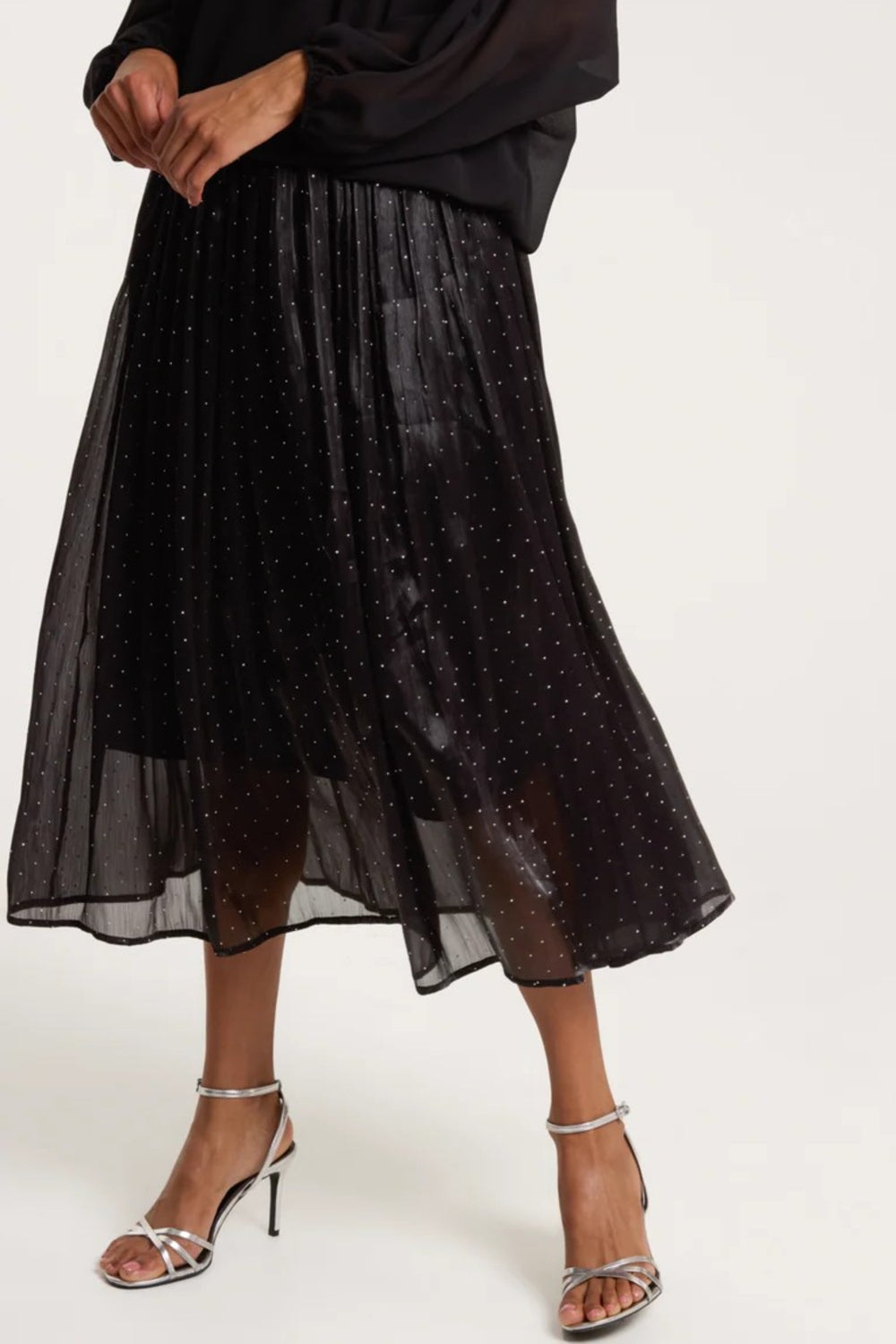 Black Diamante Embellished Pleated Midi Skirt - jqwholesale.com