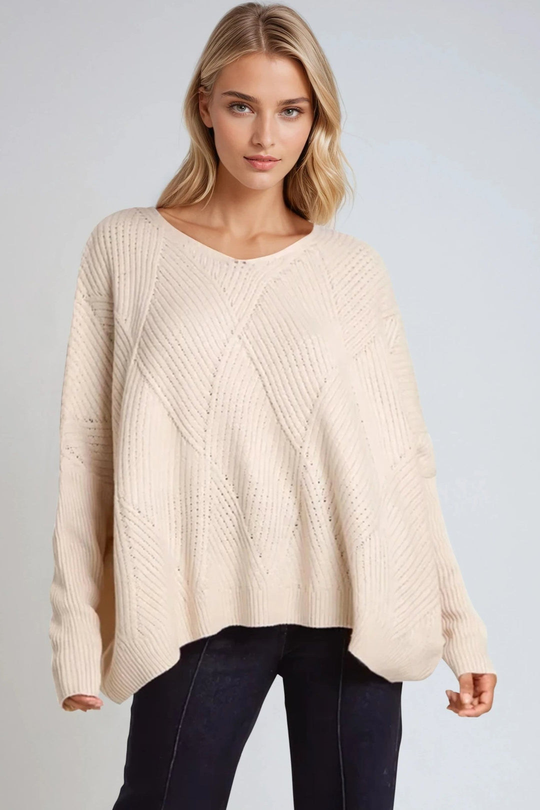 Beige Diamond V Neck Knit Jumper - jqwholesale.com