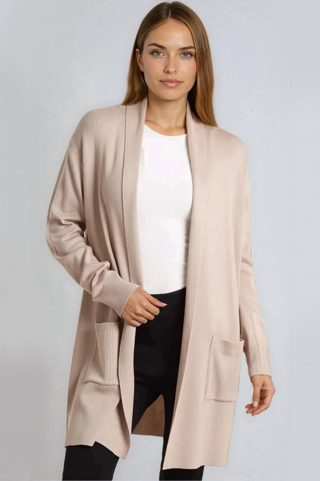 Beige Ribbed Cardigan With Pockets - jqwholesale.com