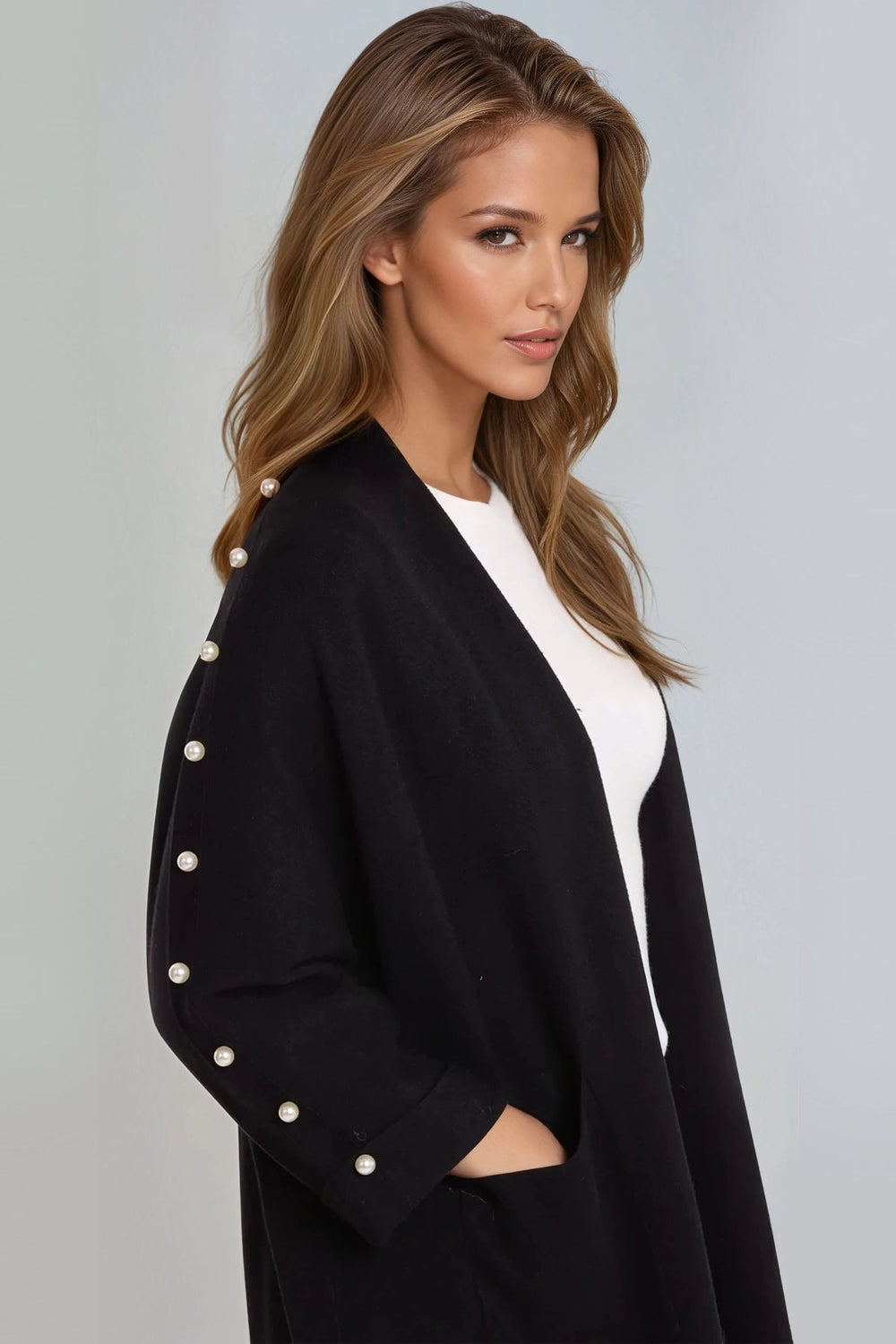 Black Pearl Sleeve Open Cardigan - jqwholesale.com